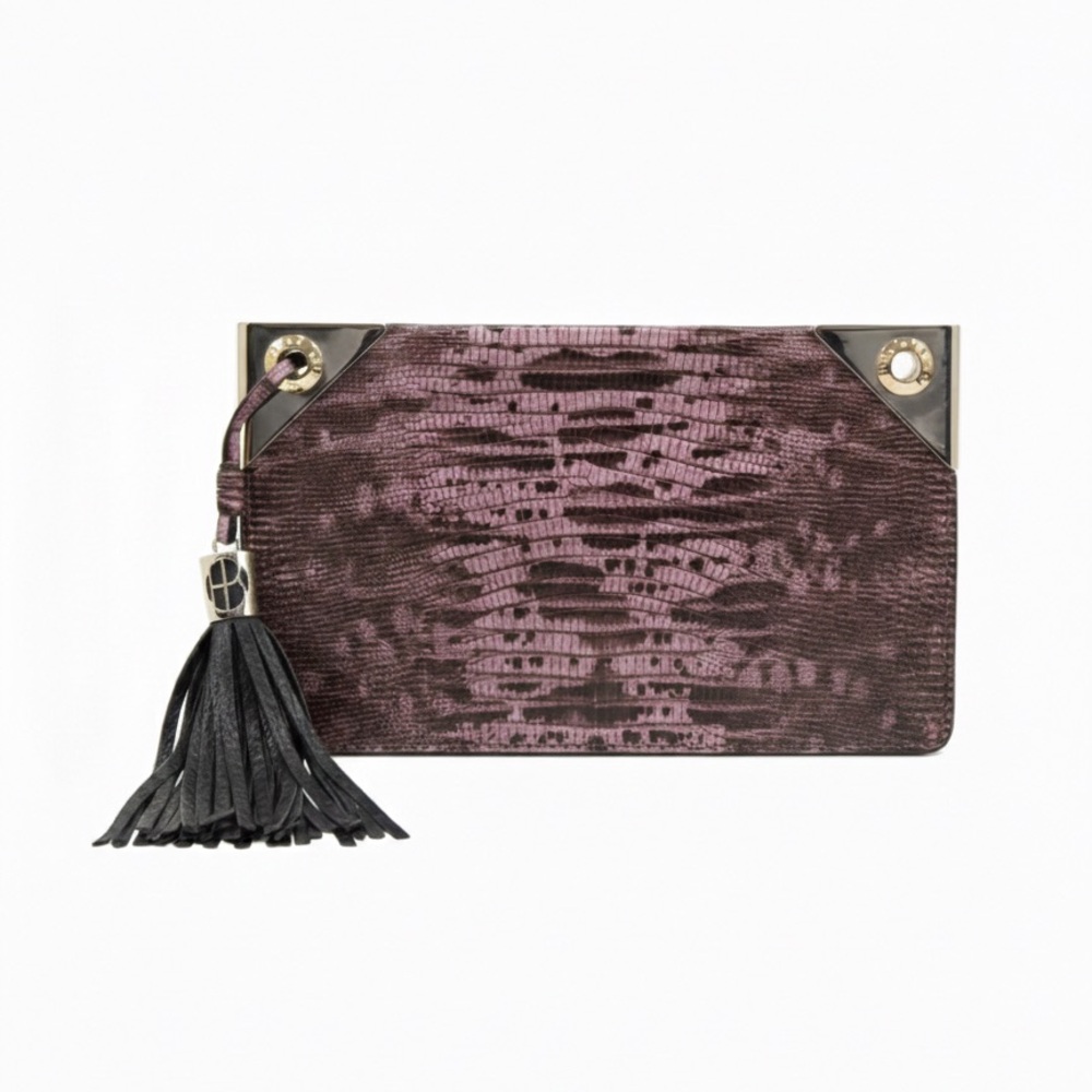 Henri Bendel Purple Lizard Embossed Leather Clutch with Large Black Tassel